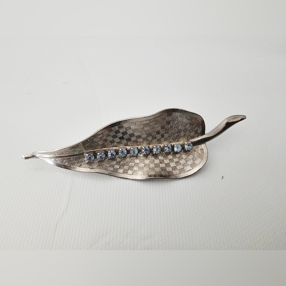 Chic Silver Leaf Brooch Basket Pattern Textured W… - image 4